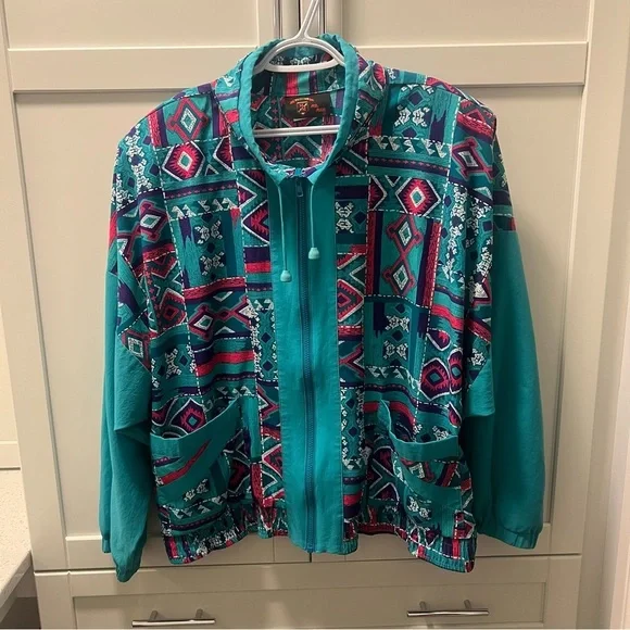 Vintage Geometric Windbreaker Spring Jacket Coat with Removable Shoulder Pads XL - Picture 1 of 16